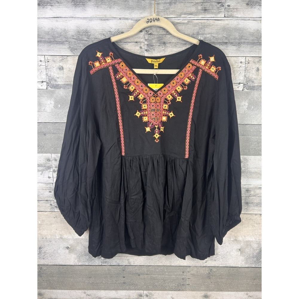 Global Desi XXL Black Floral Embroidered Long Sleeve Blouse